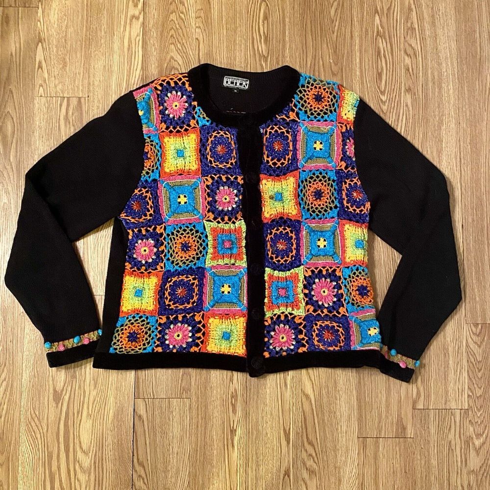 Berek 2 Sweater Women's Sz M Black W Granny Square Pattern Takako Saxon Unique
